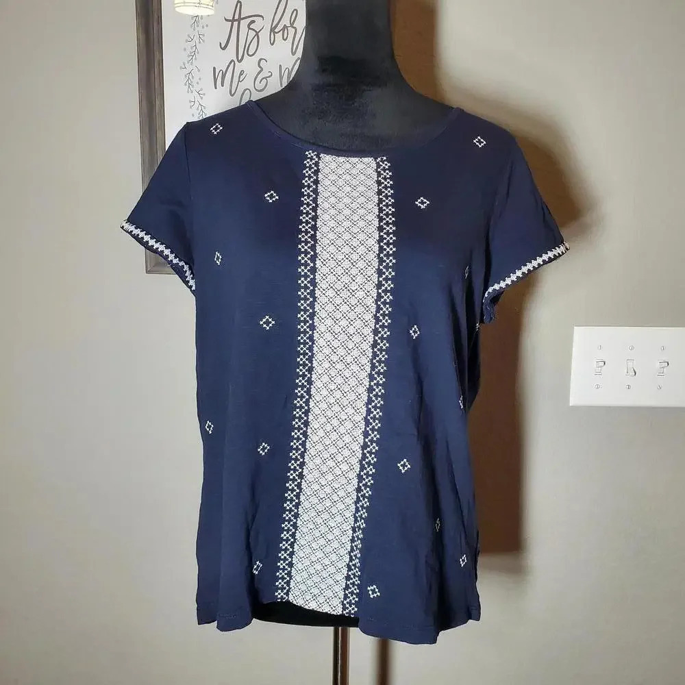 Talbots Navy Blue Embroidered Knit Top Blouse Size XP Plus Size Petite Boat Neck